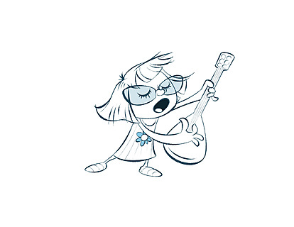 Cartoon image of a little girl named Mavis playing a guitar